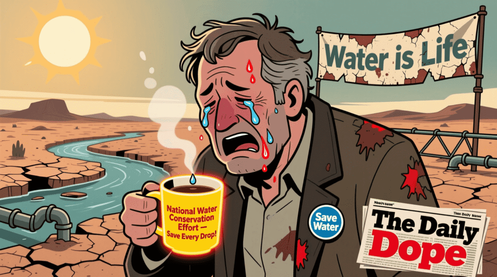 Satirical illustration of person crying into cup for national water conservation effort — The Daily Dope