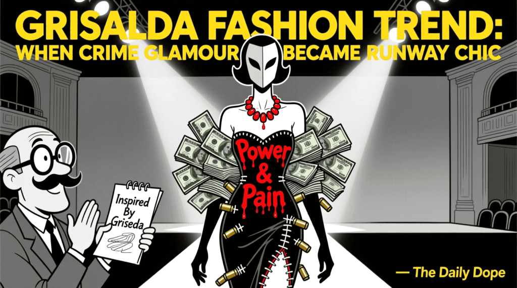 Satirical political cartoon of fashion model wearing cartel-inspired outfit on runway — The Daily Dope