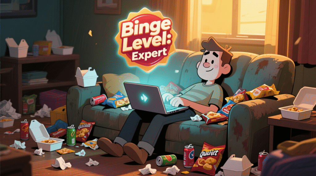 Satirical illustration of a person surrounded by snacks, tissues, and a laptop playing 'Quiet on Set' with a "Binge Level: Expert" badge — The Daily Dope