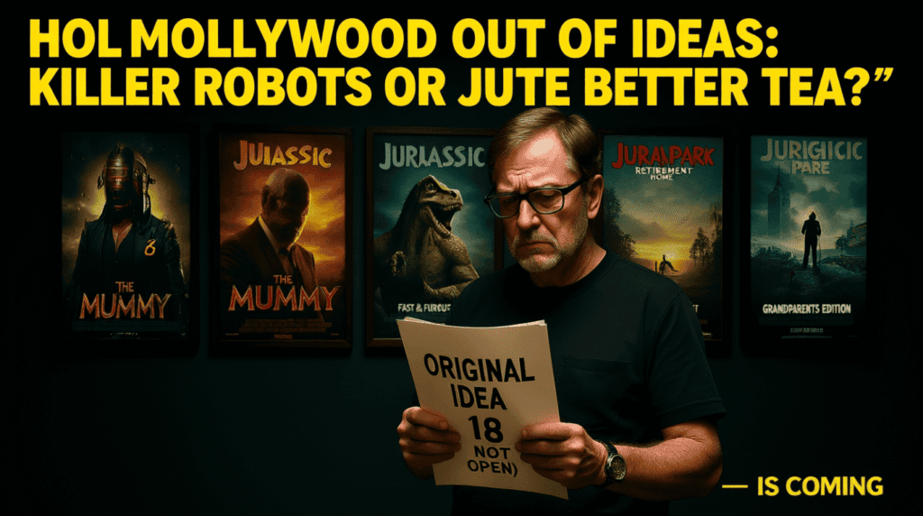 Satirical illustration of endless Hollywood sequels with sad director holding unopened original script — The Daily Dope