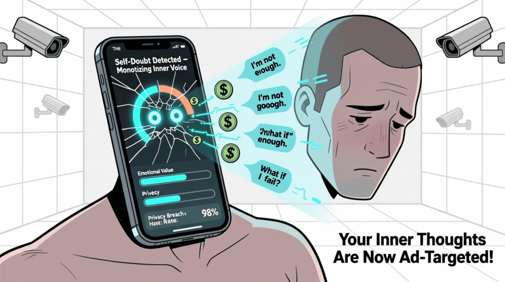 Satirical illustration of a smartphone detecting and monetizing a user’s internal self-doubt—mocking surveillance capitalism and the illusion of digital privacy