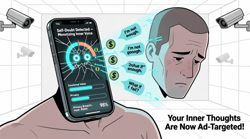 Iphone hears self doubt new feature Satirical illustration of a smartphone detecting and monetizing a user’s internal self-doubt—mocking surveillance capitalism and the illusion of digital privacy