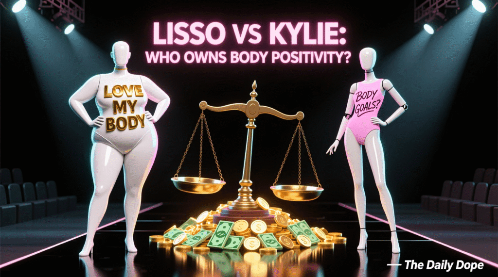 Satirical illustration of Lizzo and Kylie Jenner as mannequins on a runway with text "LISSO VS KYLIE: WHO OWNS BODY POSITIVITY?" — The Daily Dope