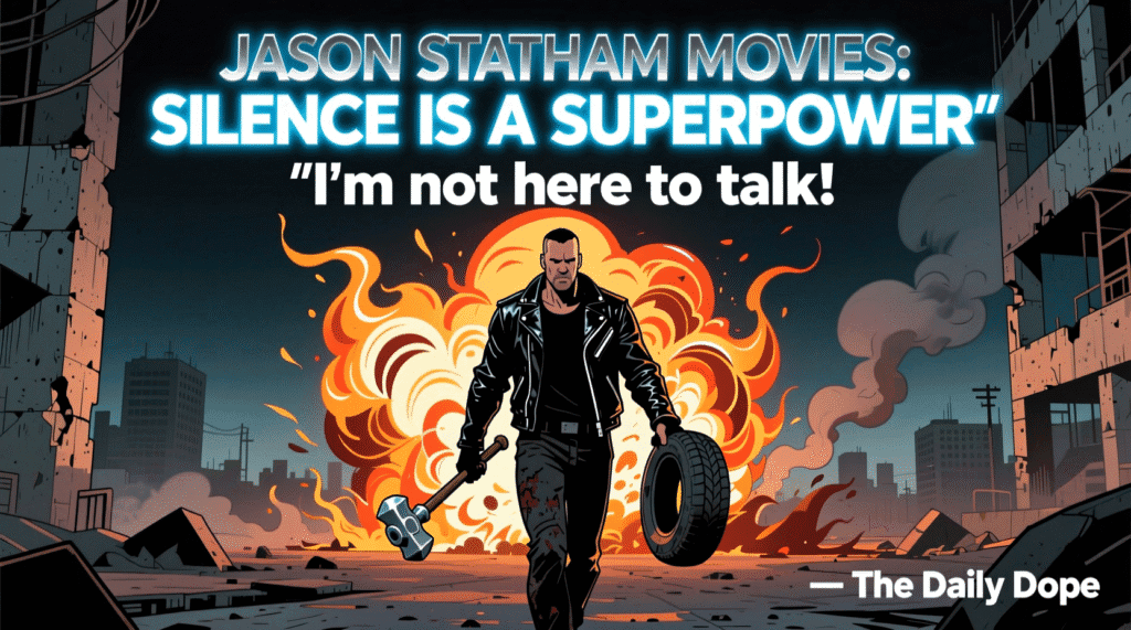 Satirical illustration of a silent action hero walking toward an explosion with text "JASON STATHAM MOVIES: SILENCE IS A SUPERPOWER" — The Daily Dope
