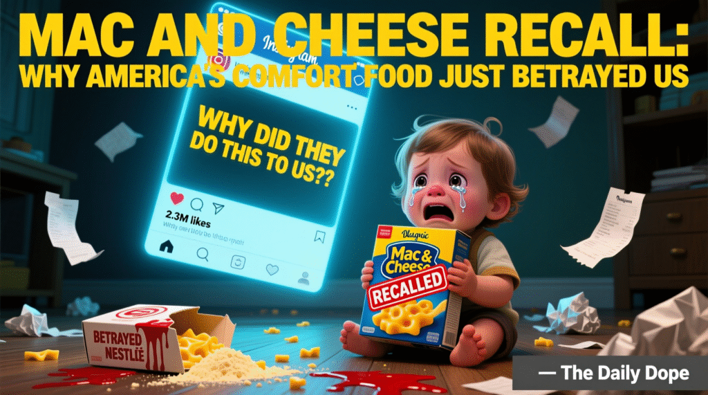 Satirical image of child crying over recalled mac and cheese box with social media reaction — The Daily Dope