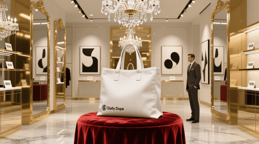 Satirical illustration of $10K minimalist tote bag on velvet stand in luxury store — The Daily Dope