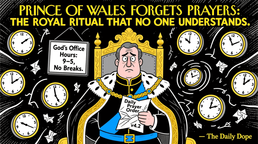 Satirical political cartoon of Prince of Wales forgetting prayer order while holding crumpled checklist — The Daily Dope