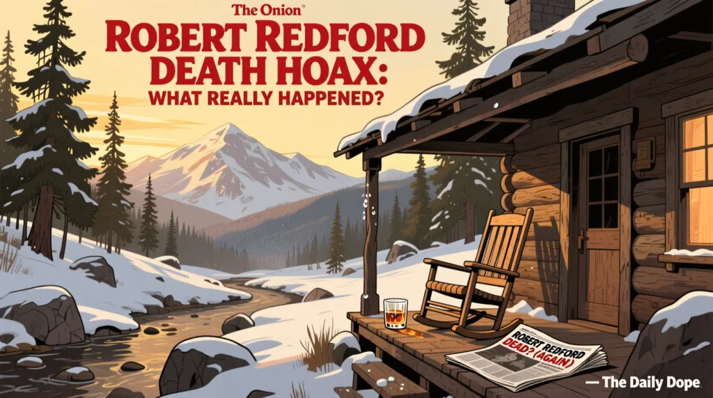 Robert Redford Death Hoax: What Really Happened? Satirical illustration of Robert Redford death hoax with empty rocking chair and misleading headline — The Daily Dope