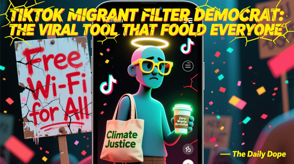 Satirical illustration of TikTok filter transforming migrant into stereotypical Democrat with tote bag and coffee cup — The Daily Dope