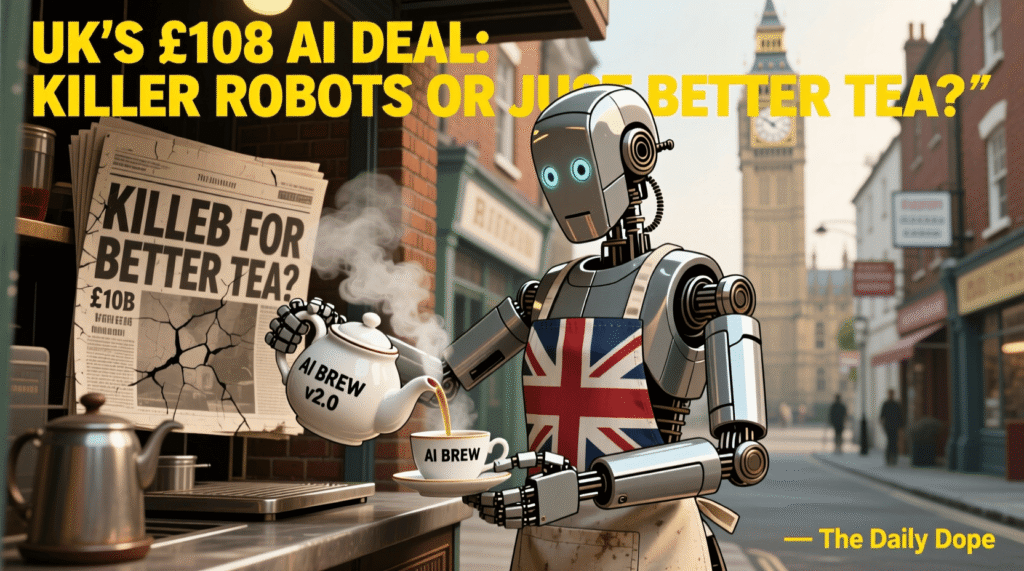 Satirical illustration of robot pouring tea labeled "AI Brew" with headline "£10B for better tea?" — The Daily Dope