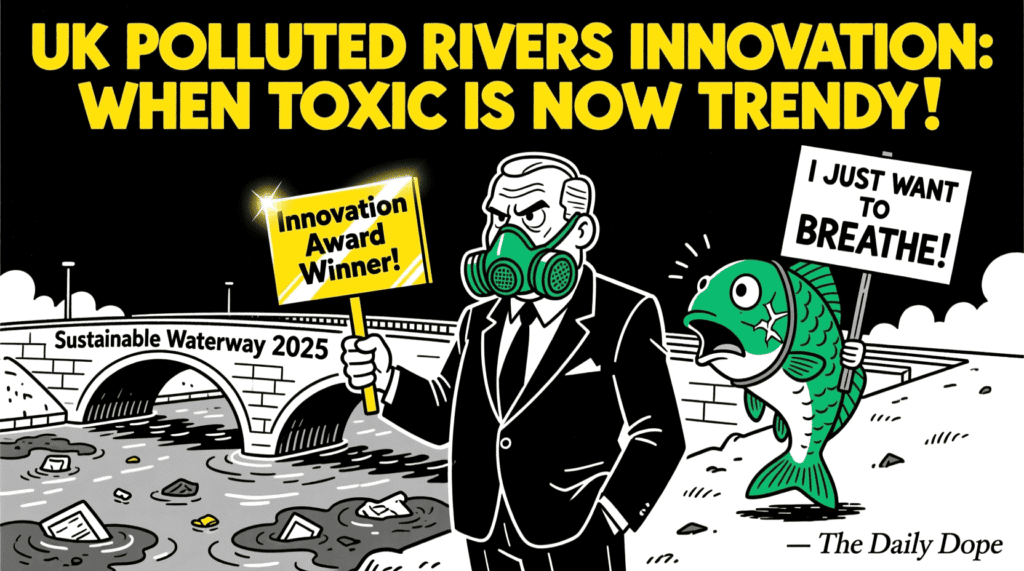Satirical political cartoon of UK official calling polluted river an innovation while fish protests with gas mask — The Daily Dope