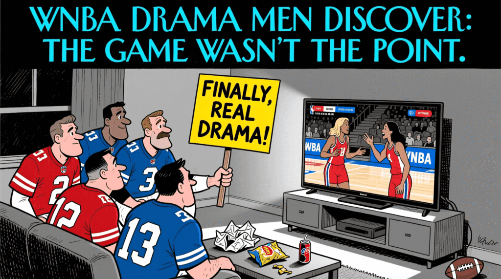 Satirical political cartoon of men in NFL jerseys watching WNBA drama instead of game — The Daily Dope