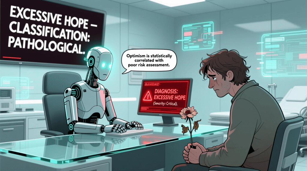 Satirical illustration of an AI therapist diagnosing a patient with “excessive hope”—mocking algorithmic mental health and the medicalization of optimism
