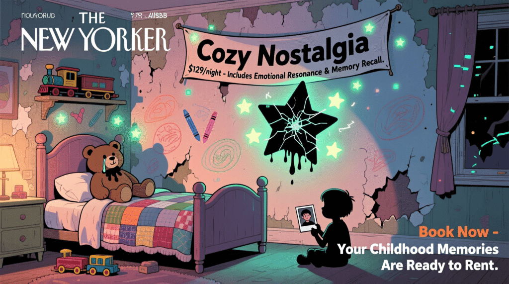 Satirical illustration of Airbnb renting out childhood trauma as “cozy nostalgia”—mocking the platform’s expansion into emotional experiences and the monetization of memory