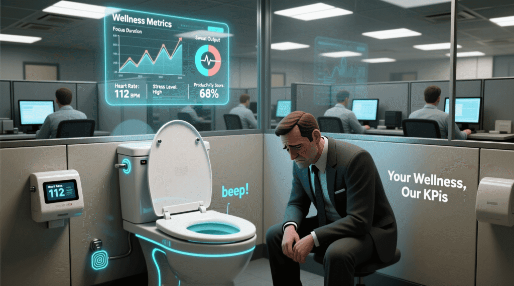 Satirical illustration of a smart toilet tracking an employee’s biometrics for workplace productivity—mocking corporate surveillance and wellness theater