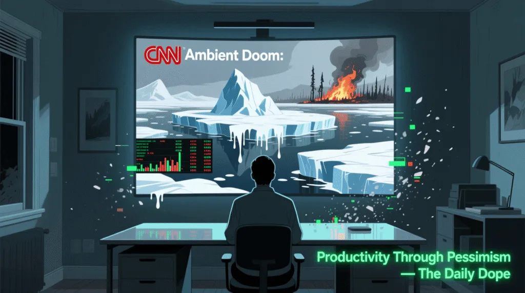 CNN launches ambient doom channel for focus Satirical illustration of a 24/7 “Ambient Doom” news channel used as productivity background—mocking the normalization of anxiety and the commodification of dread