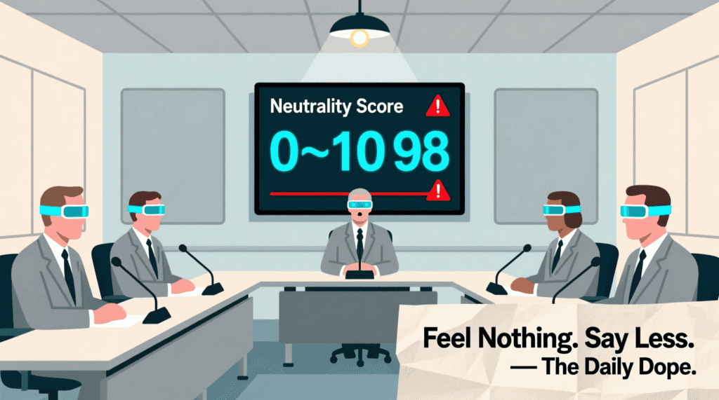 Satirical illustration of Congress enforcing emotional neutrality in public speech—mocking performative calm, censorship, and the sanitization of democratic discourse