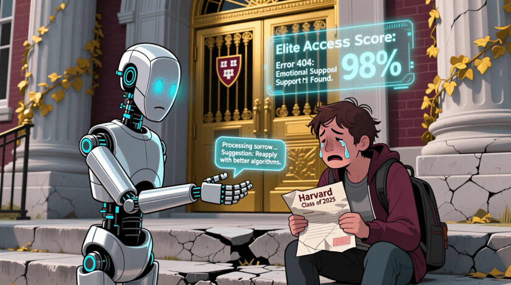 Satirical illustration of an AI offering grief counseling to a rejected Harvard applicant—mocking the automation of empathy in elite education