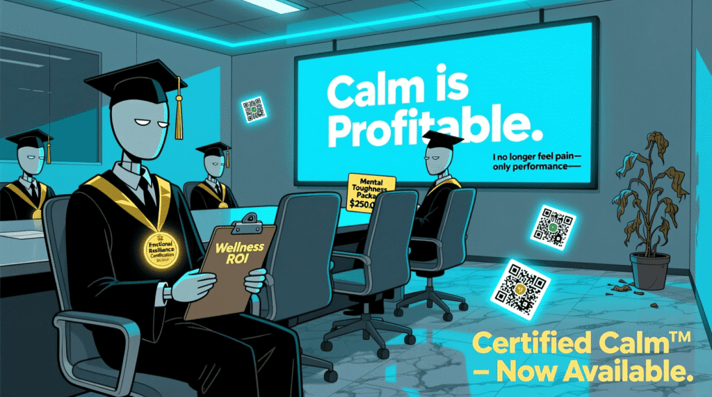 Satirical illustration of elite education selling emotional numbness as a credential—mocking the monetization of mental resilience and corporate wellness culture