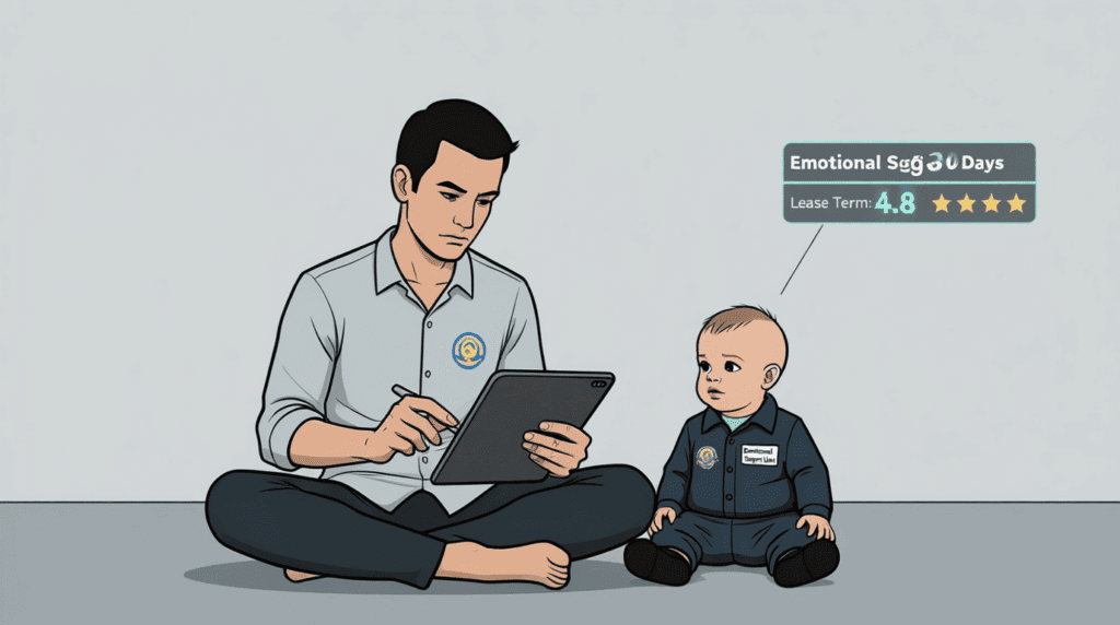 Satirical illustration of a service that leases emotional support toddlers—mocking the commodification of human connection and the gig economy’s reach into family life