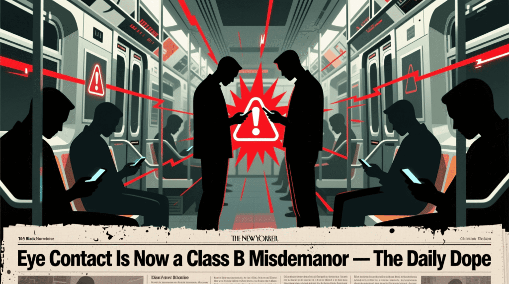 Satirical illustration of a city banning eye contact to avoid social friction—mocking urban isolation and the criminalization of human connection