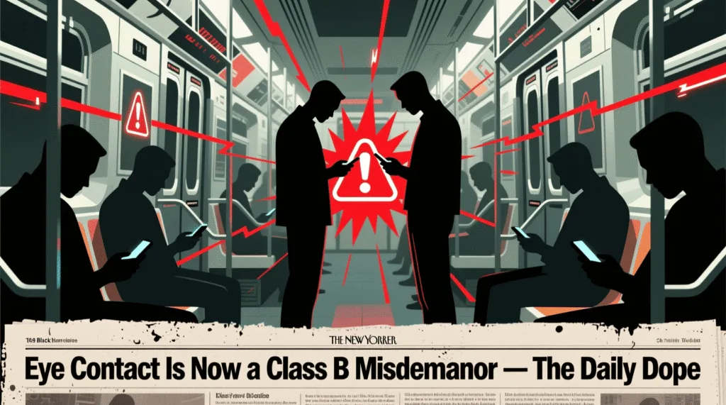 New york bans eye contact to reduce friction Satirical illustration of a city banning eye contact to avoid social friction—mocking urban isolation and the criminalization of human connection