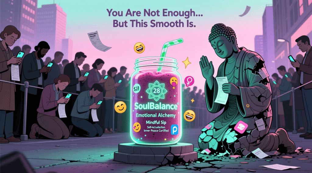 Satirical illustration of a $28 wellness smoothie marketed as emotional relief—mocking spiritual consumerism and the commodification of inner peace
