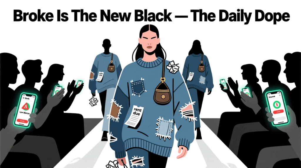 Satirical illustration of a fashion brand selling “Quiet Poverty” clothing—mocking the trend of aestheticizing financial struggle and economic precarity