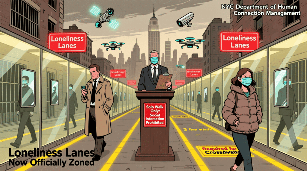 Satirical illustration of NYC’s “Loneliness Lanes” for solo pedestrians—mocking the institutionalization of urban isolation and the zoning of human connection