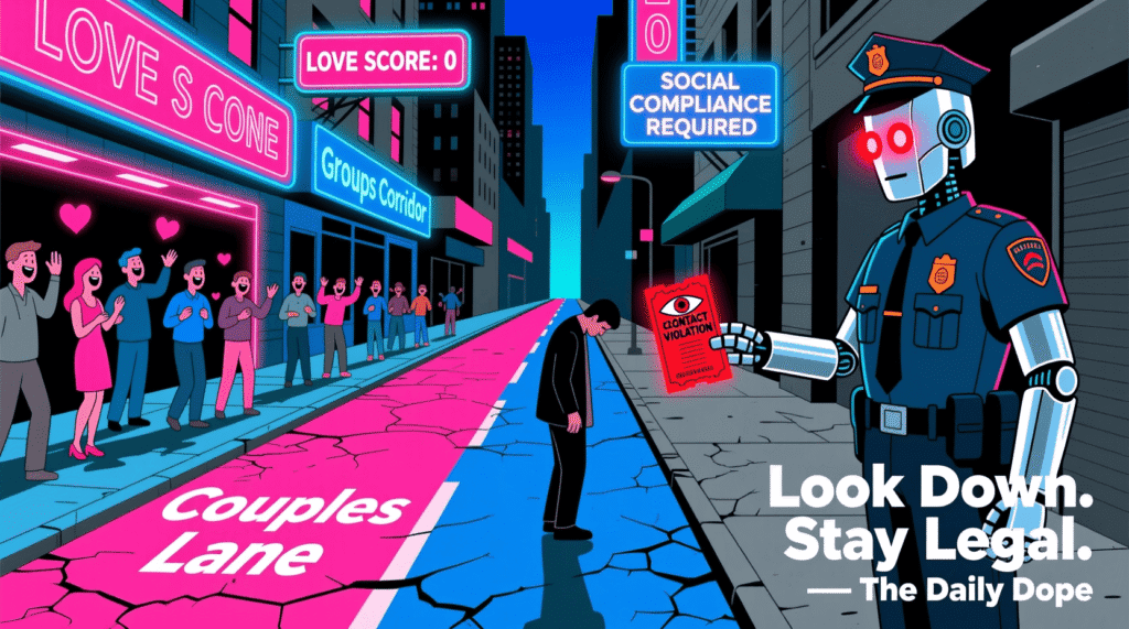 Satirical illustration of NYC’s “eye contact fines” with vivid colors—mocking urban isolation and the policing of human connection in public spaces