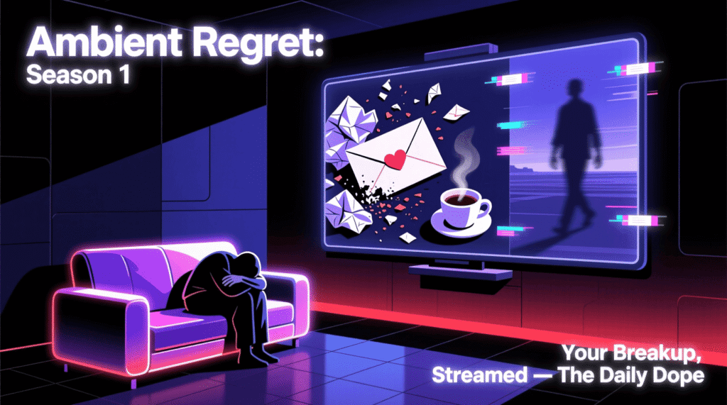 Satirical illustration of Netflix’s “Ambient Regret” channel for exes—mocking the passive consumption of heartbreak and the streaming of emotional nostalgia
