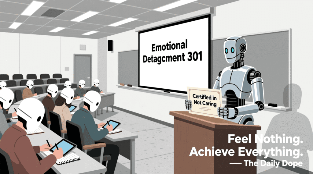 Harvard now offers a degree in emotional detachment. Satire on elite education, the commodification of numbness, and corporate-ready apathy.