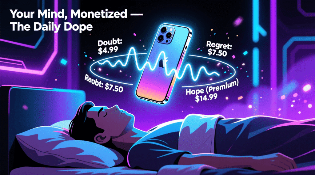 Satirical illustration of a smartphone detecting and charging for a user’s inner thoughts—mocking the erosion of mental privacy and the commodification of self-doubt