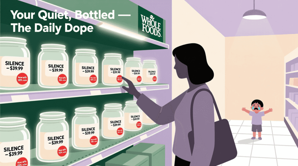 Whole Foods sells $40 “Silence” for inner peace. Satire on spiritual consumerism, emotional commodification, and the price of quiet.