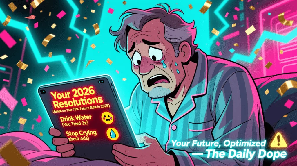 AI generates your 2026 resolutions based on 2025 failures Satirical cartoon of an AI generating New Year’s resolutions based on a user’s past failures—mocking algorithmic self-help and data-driven guilt
