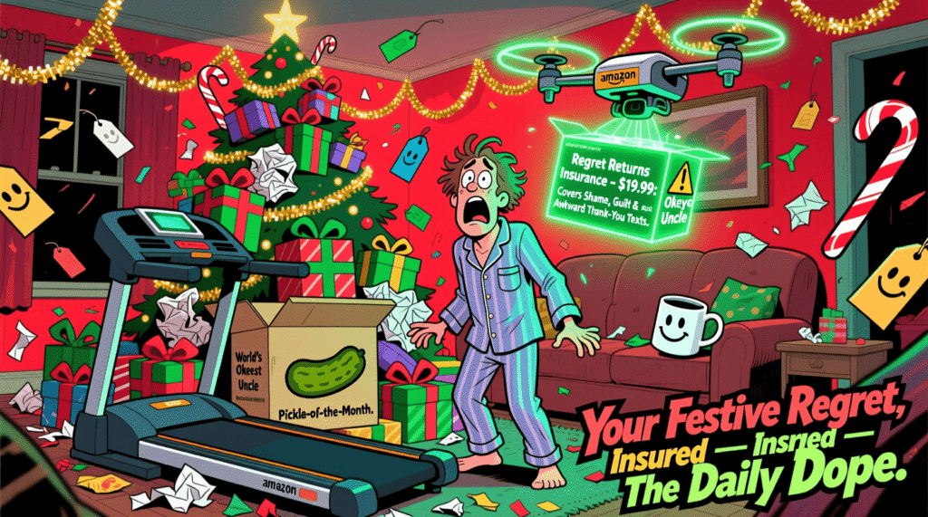 Satirical cartoon of holiday gift regret with a glowing Amazon insurance package—mocking consumer guilt and the commercialization of festive anxiety