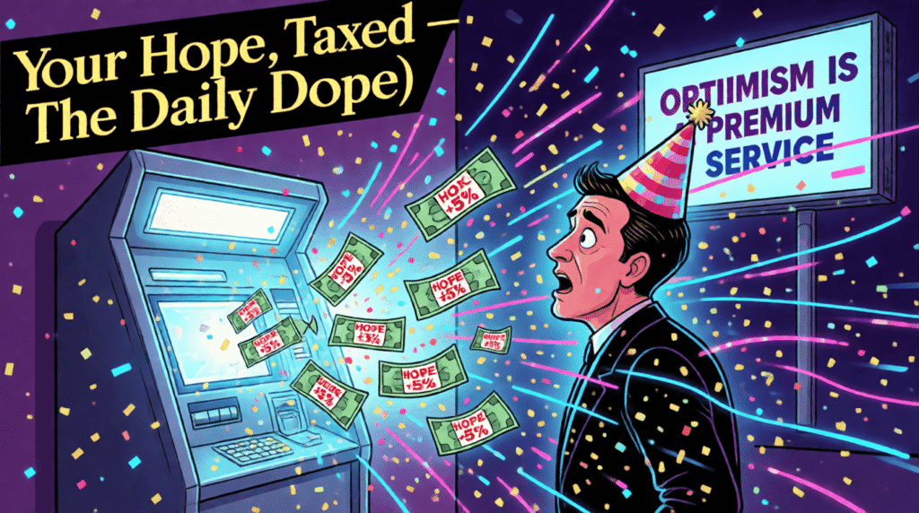 Satirical cartoon of a bank charging a “Hope Tax” on New Year’s Eve money transfers—mocking financial cynicism and the monetization of optimism