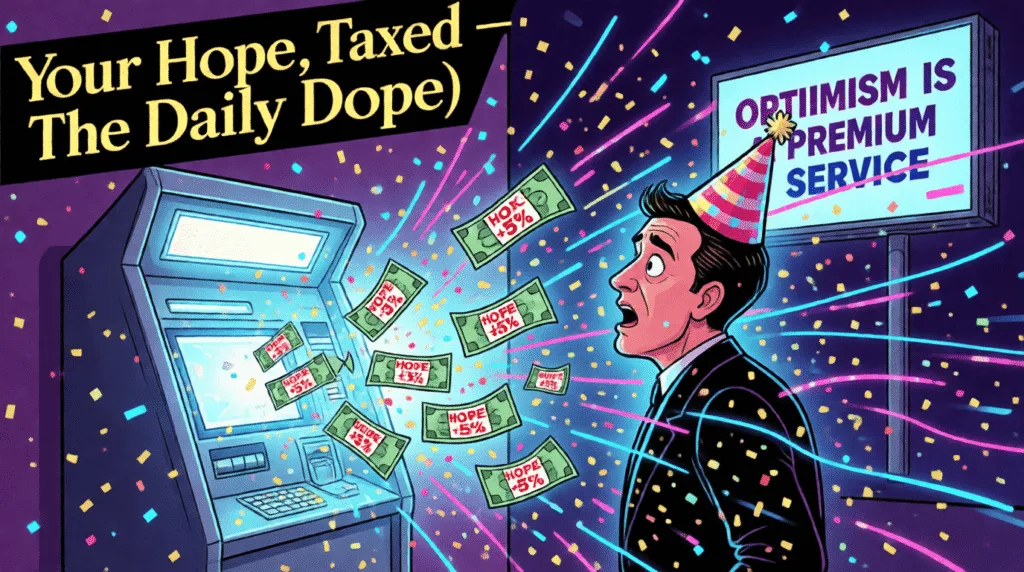 Banks charge hope tax on new year’s eve transfers Satirical cartoon of a bank charging a “Hope Tax” on New Year’s Eve money transfers—mocking financial cynicism and the monetization of optimism