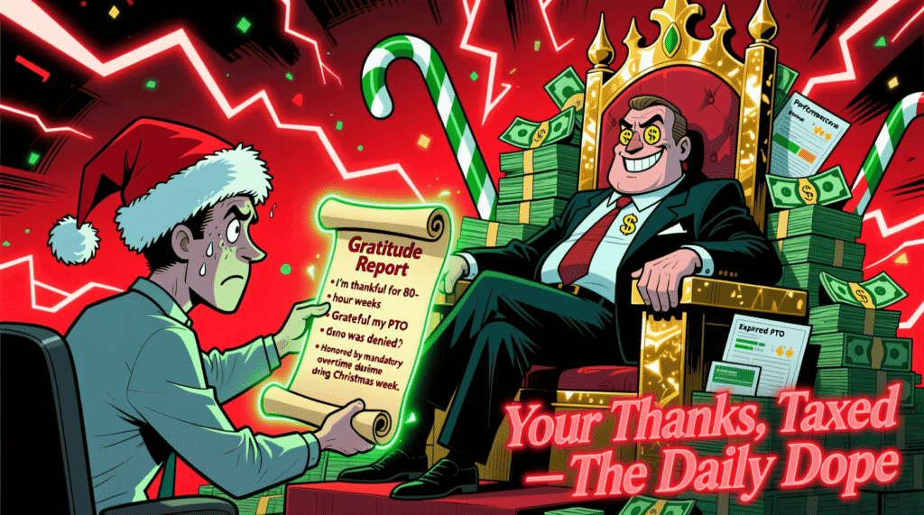 Satirical cartoon of an employee submitting a forced “Gratitude Report” to their boss for a year-end bonus—mocking performative thankfulness and holiday workplace coercion
