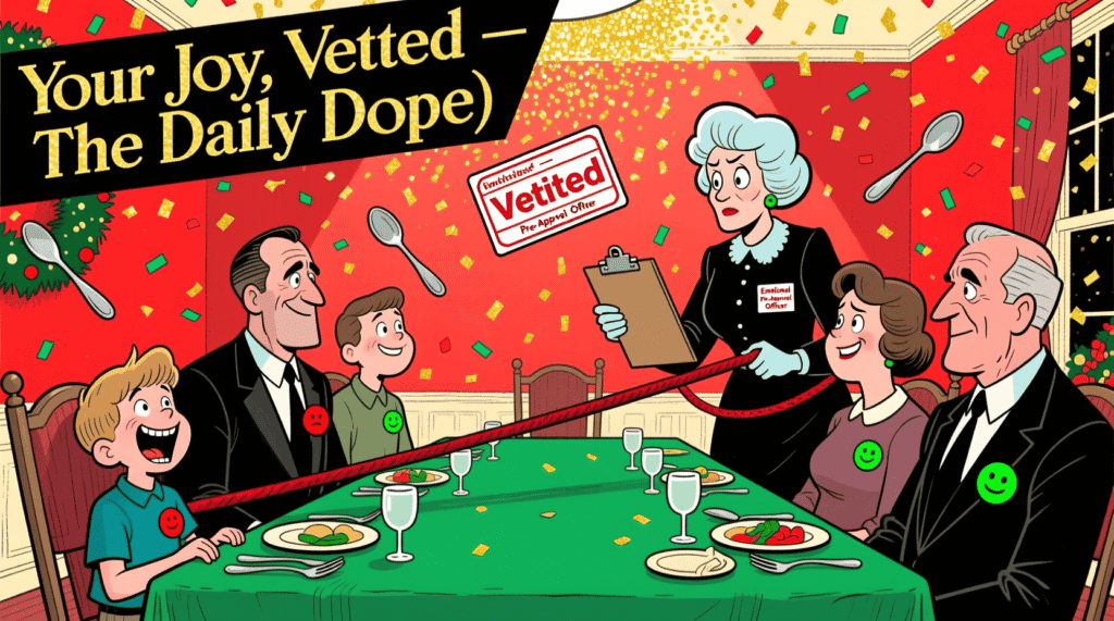 Satirical cartoon of a holiday dinner requiring emotional pre-approval—mocking family control, festive anxiety, and the performance of seasonal harmony