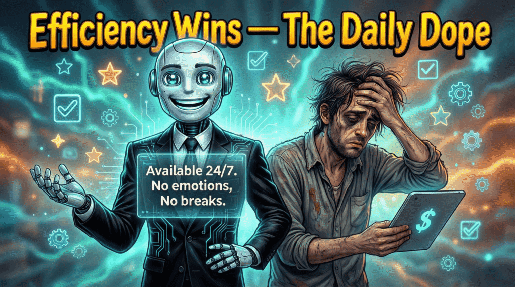 Satirical cartoon of an AI freelancer outcompeting a human on a gig platform—mocking autonomous agents, wage collapse, and the dehumanization of creative labor