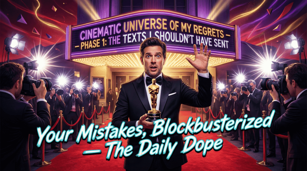 Satirical cartoon of Hollywood turning personal regrets into a cinematic universe—mocking emotional franchising, self-branding, and the spectacle of failure