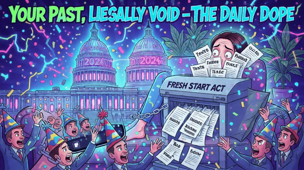 Satirical cartoon of Congress passing a law to erase 2025 mistakes—mocking political theater, the illusion of renewal, and the commodification of fresh starts