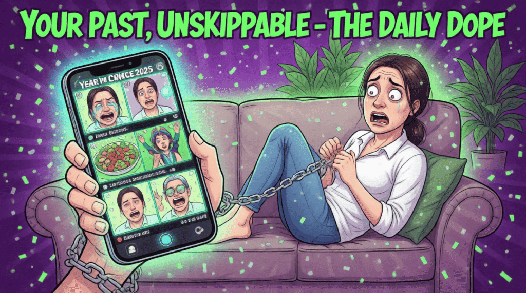 Satirical cartoon of a forced “Year in Cringe” Instagram recap—mocking algorithmic nostalgia, digital shame, and the inescapability of online self