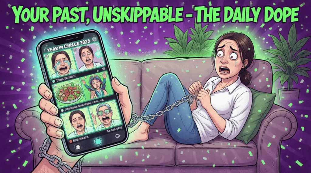 Instagram launches year in cringe recap you cant skip Satirical cartoon of a forced “Year in Cringe” Instagram recap—mocking algorithmic nostalgia, digital shame, and the inescapability of online self