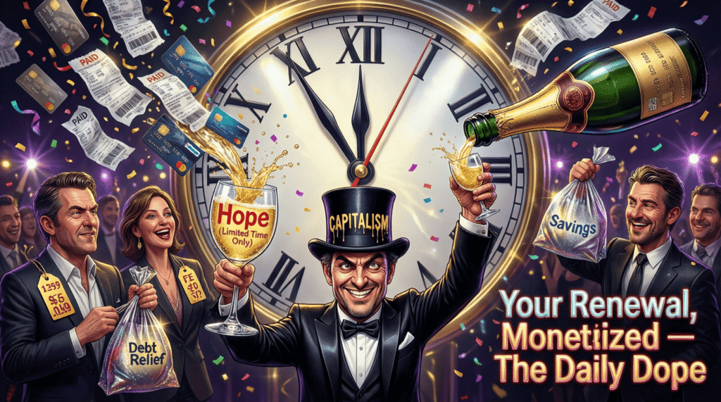 Satirical cartoon of New Year’s Eve as capitalism in a top hat—mocking festive consumerism, performative hope, and the ritual of paid renewal