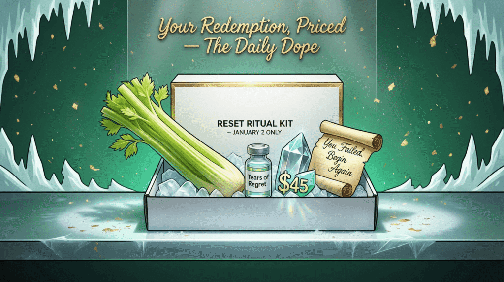 Satirical cartoon of Whole Foods selling a “Reset Ritual Kit” for January 2—mocking guilt-driven wellness, performative purity, and the commodification of New Year’s shame