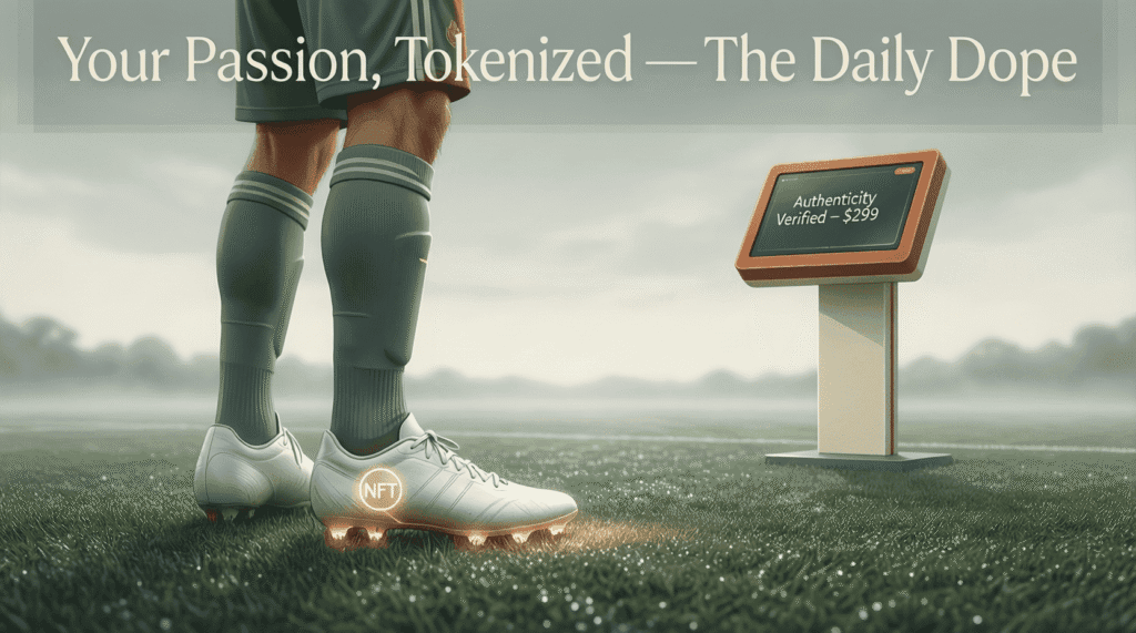 Satirical illustration of a soccer player wearing NFT-tracked cleats in soft earth tones—mocking the commodification of sport, digital ownership, and the loss of pure play