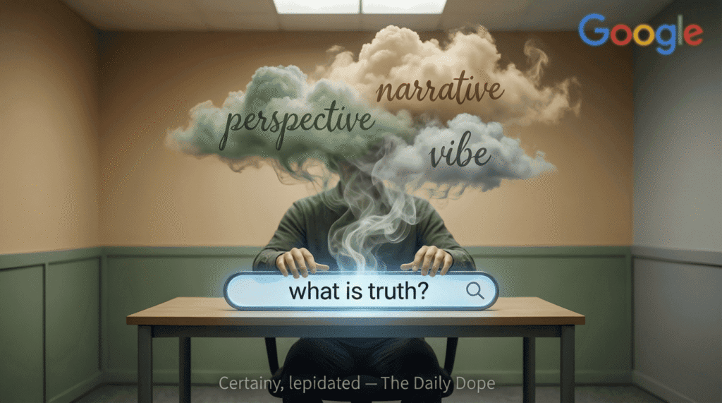 Satirical illustration of a search query for “truth” dissolving into vague concepts like “vibe” and “perspective”—mocking algorithmic neutrality, emotional safety protocols, and the erosion of factual discourse