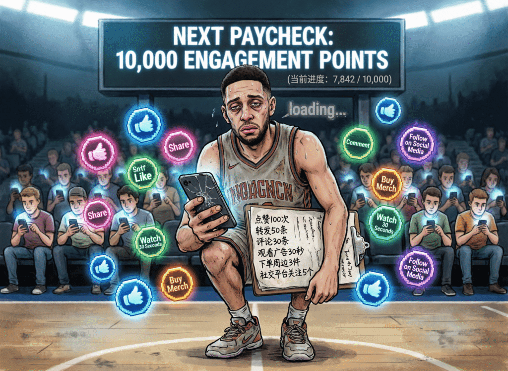 Nba players now paid in “fan engagement tokens” Satirical vector illustration of an NBA player being paid in digital “fan engagement tokens” instead of cash—mocking athlete precarity, blockchain fandom, and the financialization of sport